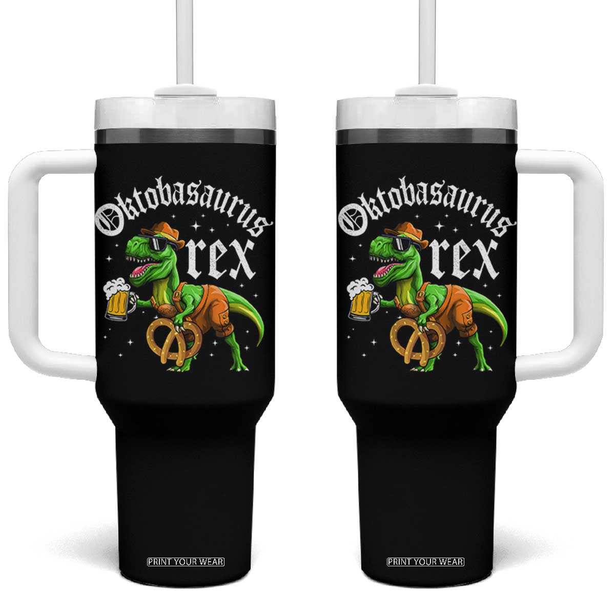 Funny Oktoberfest Dinosaur Tumbler With Handle Oktobasaurus Rex Lederhosen Bavarian Beer TS11 One Size: 40 oz Black Print Your Wear