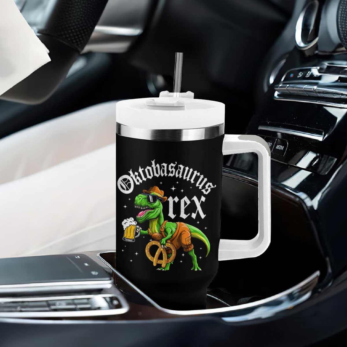 Funny Oktoberfest Dinosaur Tumbler With Handle Oktobasaurus Rex Lederhosen Bavarian Beer TS11 Print Your Wear