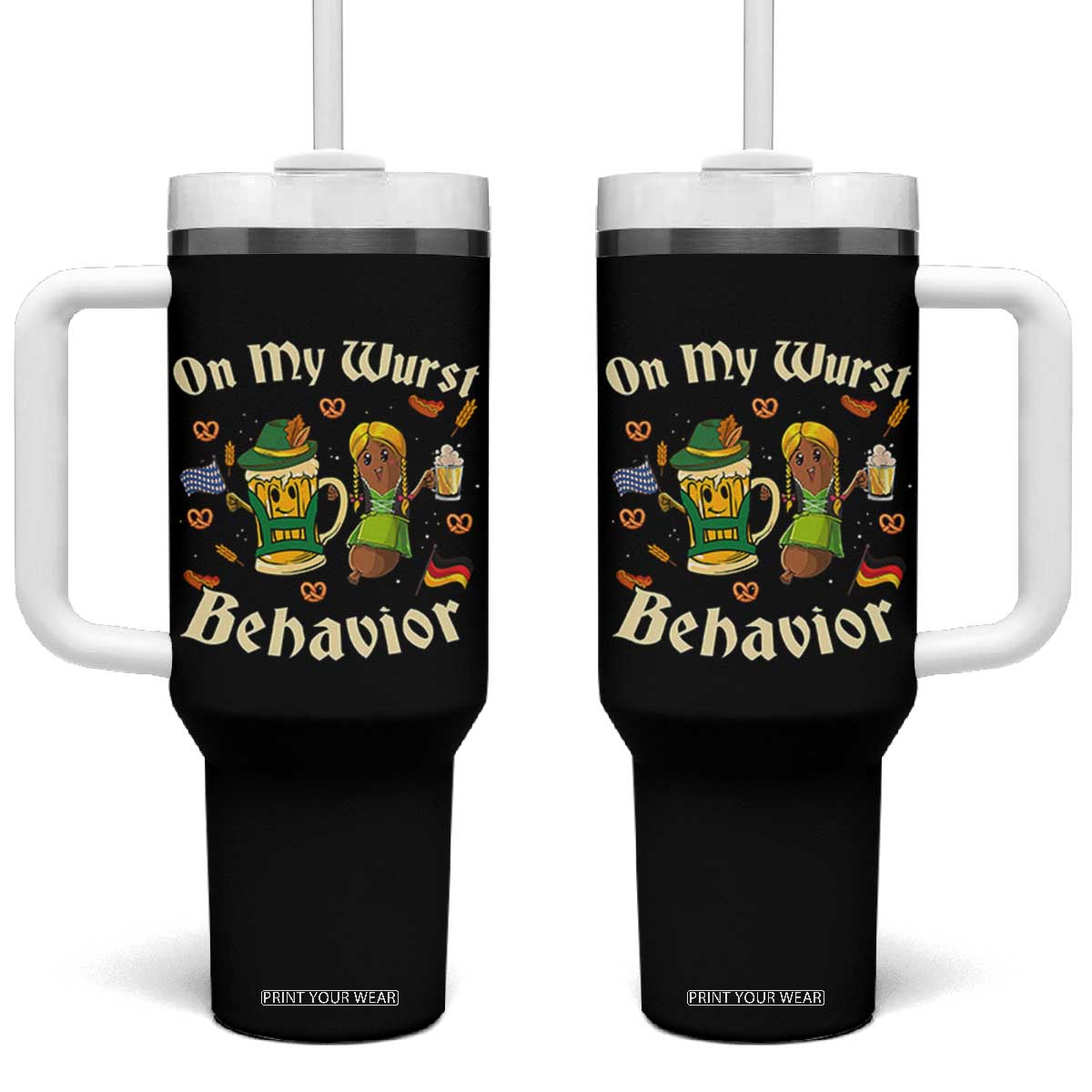 Funny Oktoberfest Tumbler With Handle On My Wurst Behavior Beer Bratwurst Lederhosen Dirndl TS11 One Size: 40 oz Black Print Your Wear