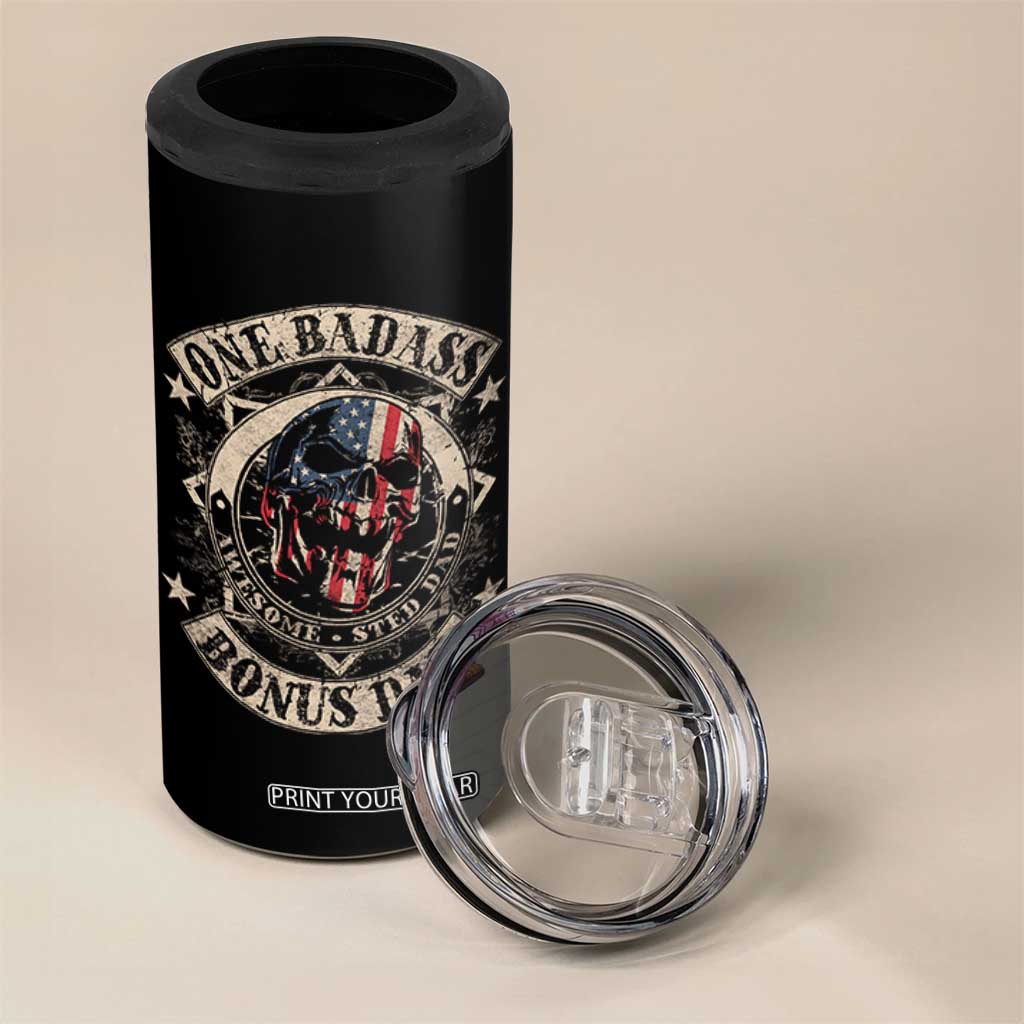 Funny One Badass Bonus Dad 4 in 1 Can Cooler Tumbler Awesome Step Dad Fathers Day American Flag Skull TS11 Print Your Wear