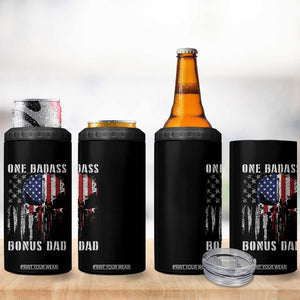 Funny One Badass Bonus Dad 4 in 1 Can Cooler Tumbler Step Dad Fathers Day 4th Of July American Flag Skull TS11 Print Your Wear