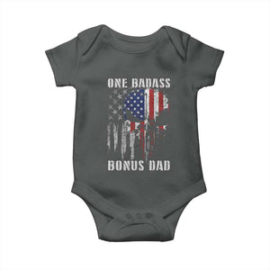 Funny One Badass Bonus Dad Baby Onesie Step Dad Fathers Day 4th Of July American Flag Skull TS11 Dark Heather Print Your Wear