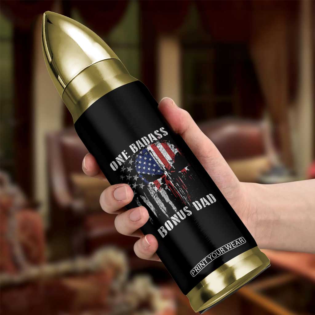 Funny One Badass Bonus Dad Bullet Tumbler Step Dad Fathers Day 4th Of July American Flag Skull TS11 Print Your Wear
