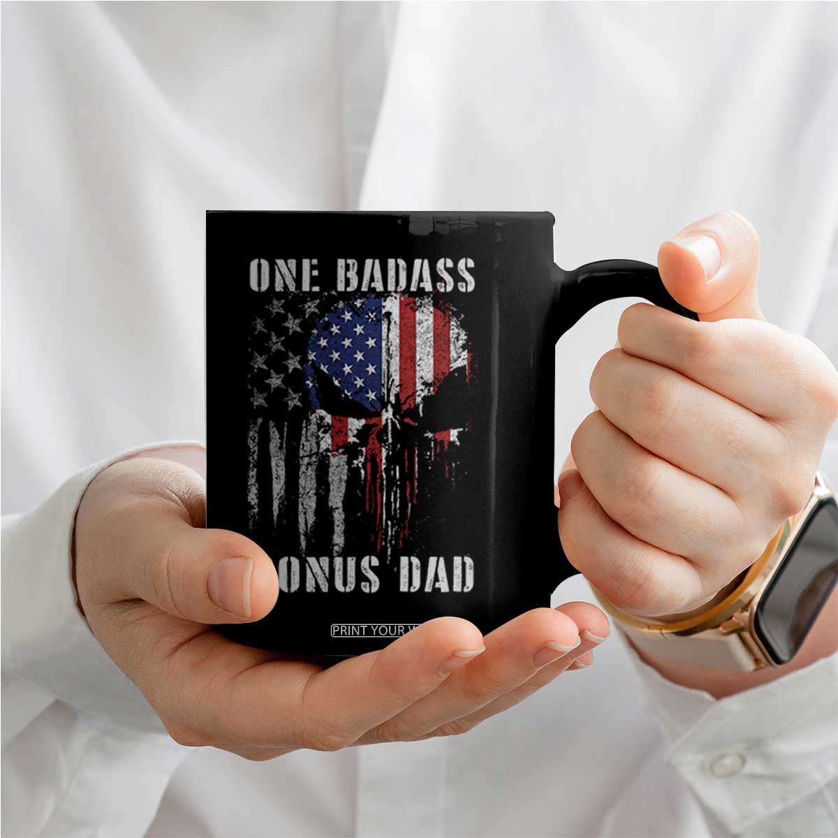 Funny One Badass Bonus Dad Coffee Mug Step Dad Fathers Day 4th Of July American Flag Skull TS11 Print Your Wear