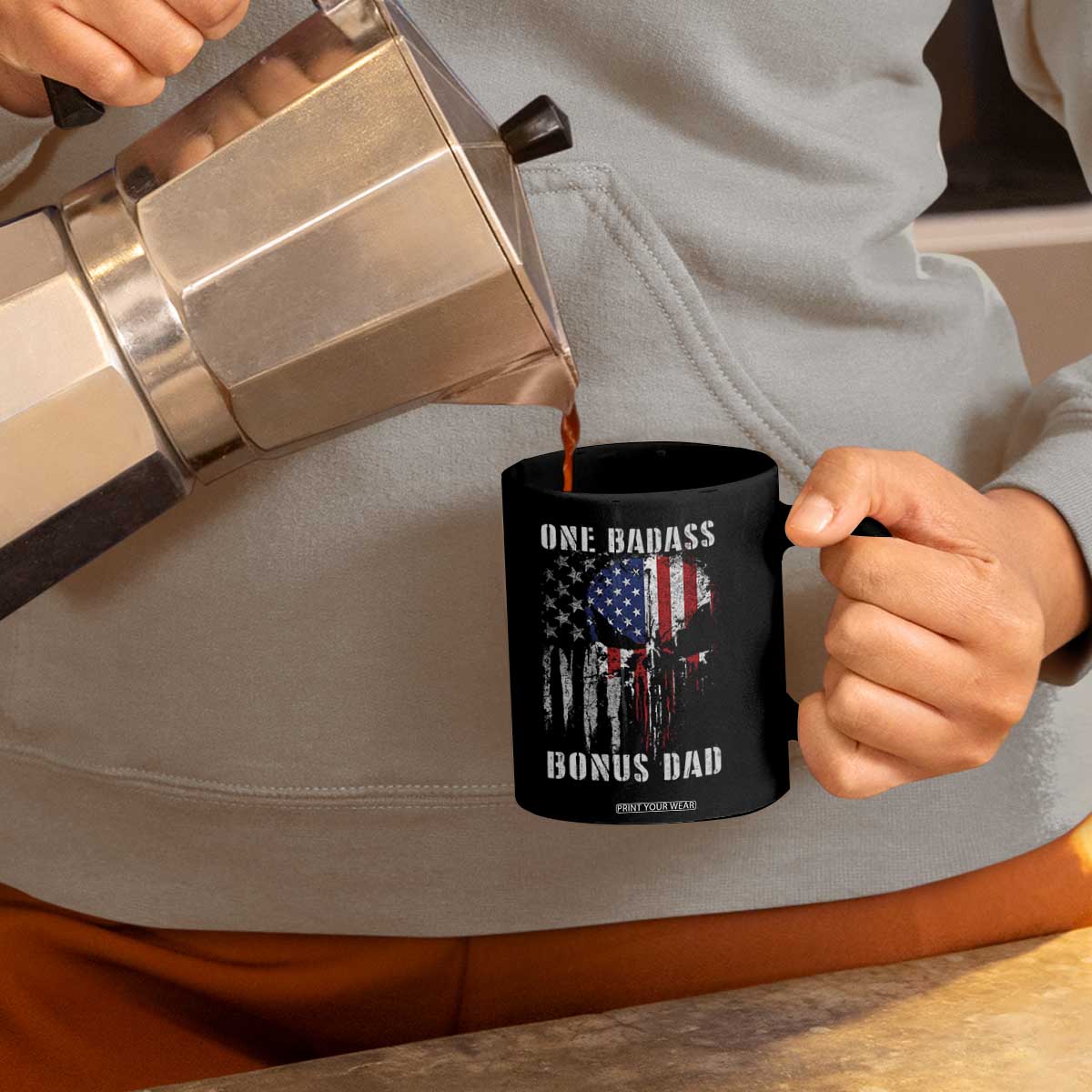 Funny One Badass Bonus Dad Coffee Mug Step Dad Fathers Day 4th Of July American Flag Skull TS11 Print Your Wear