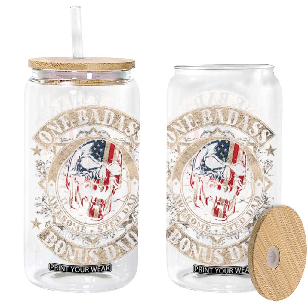Funny One Badass Bonus Dad Glass Can Awesome Step Dad Fathers Day American Flag Skull TS11 Black Print Your Wear