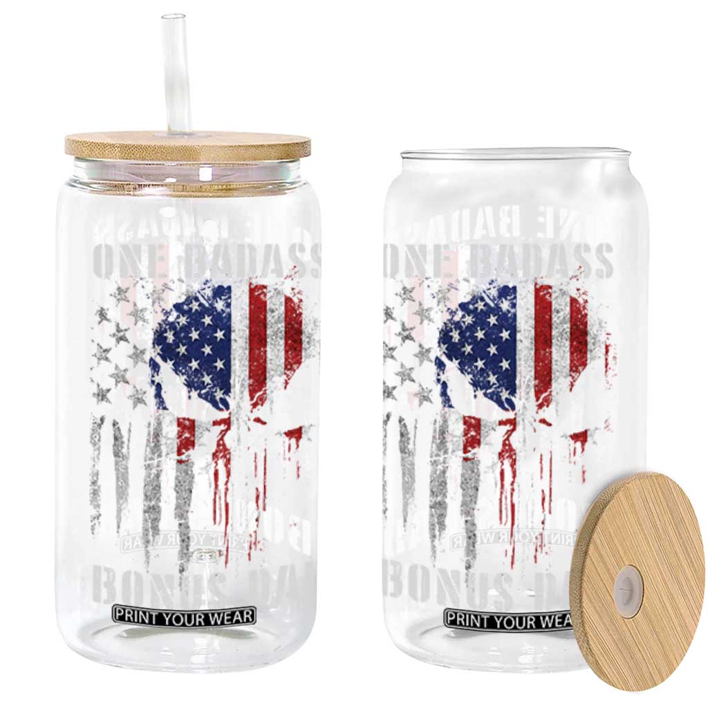 Funny One Badass Bonus Dad Glass Can Step Dad Fathers Day 4th Of July American Flag Skull TS11 Black Print Your Wear