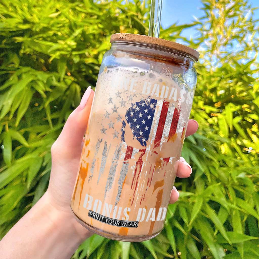 Funny One Badass Bonus Dad Glass Can Step Dad Fathers Day 4th Of July American Flag Skull TS11 Print Your Wear