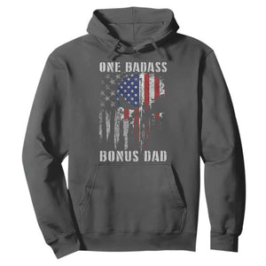 Funny One Badass Bonus Dad Hoodie Step Dad Fathers Day 4th Of July American Flag Skull TS11 Dark Heather Print Your Wear
