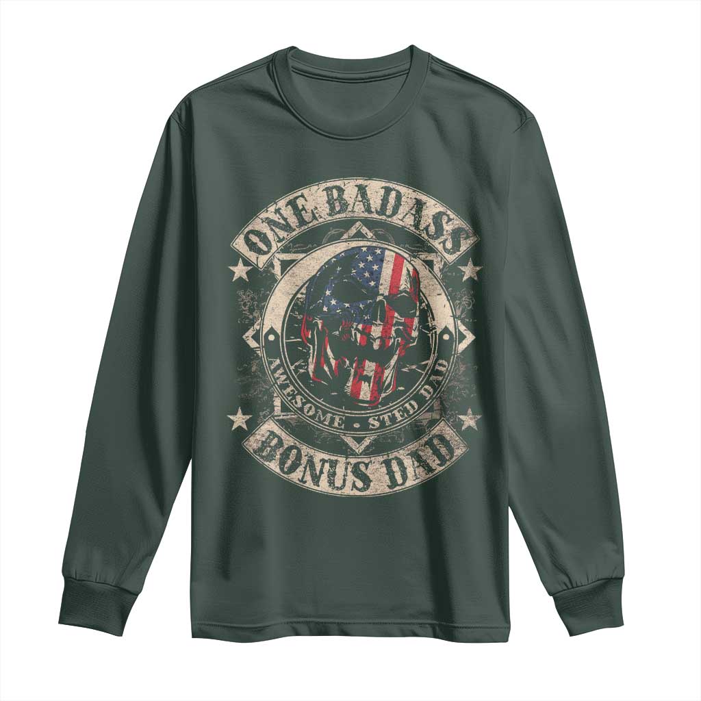 Funny One Badass Bonus Dad Long Sleeve Shirt Awesome Step Dad Fathers Day American Flag Skull TS11 Dark Forest Green Print Your Wear