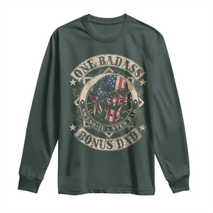 Funny One Badass Bonus Dad Long Sleeve Shirt Awesome Step Dad Fathers Day American Flag Skull TS11 Dark Forest Green Print Your Wear