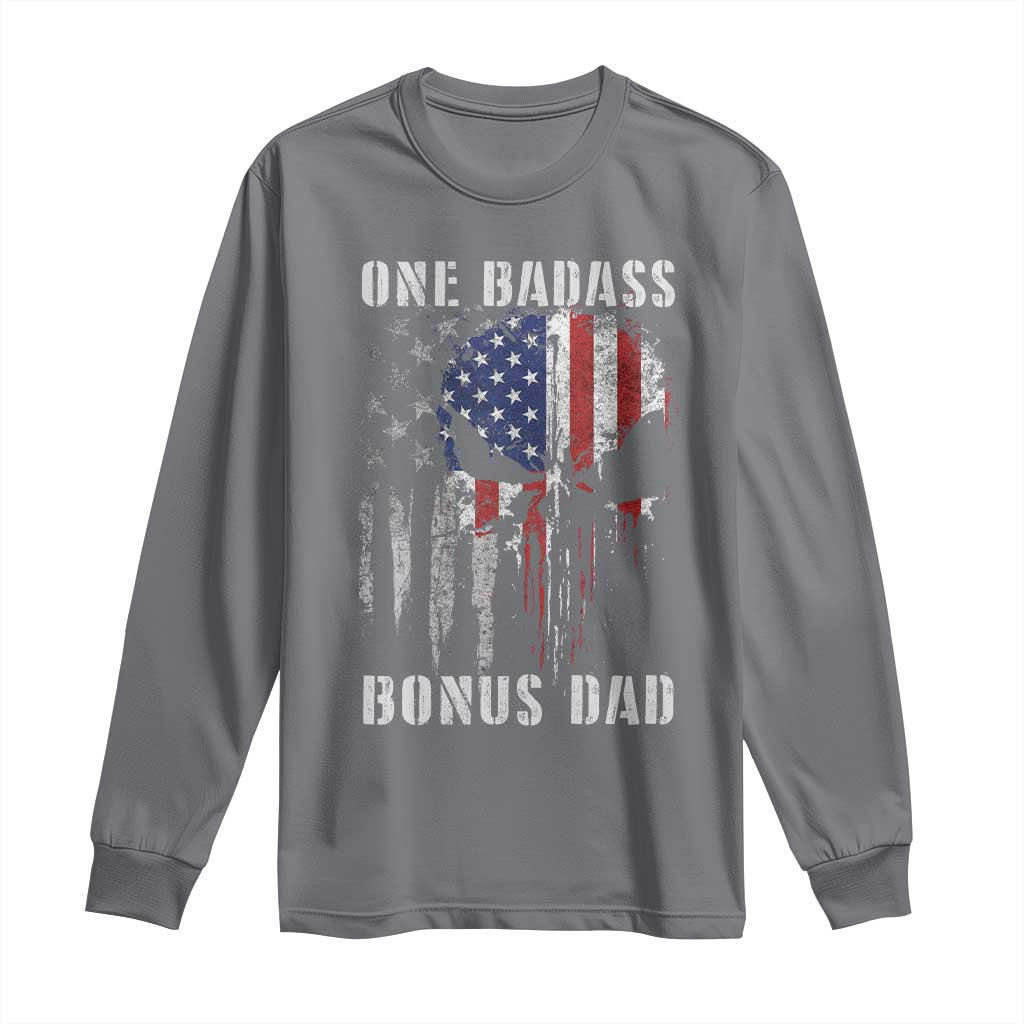Funny One Badass Bonus Dad Long Sleeve Shirt Step Dad Fathers Day 4th Of July American Flag Skull TS11 Charcoal Print Your Wear