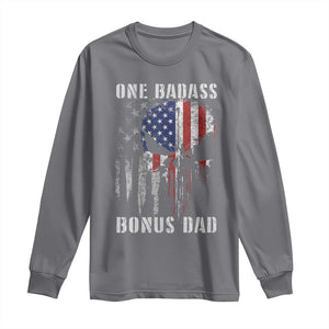 Funny One Badass Bonus Dad Long Sleeve Shirt Step Dad Fathers Day 4th Of July American Flag Skull TS11 Charcoal Print Your Wear