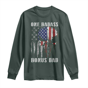 Funny One Badass Bonus Dad Long Sleeve Shirt Step Dad Fathers Day 4th Of July American Flag Skull TS11 Dark Forest Green Print Your Wear
