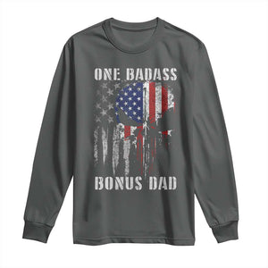 Funny One Badass Bonus Dad Long Sleeve Shirt Step Dad Fathers Day 4th Of July American Flag Skull TS11 Dark Heather Print Your Wear