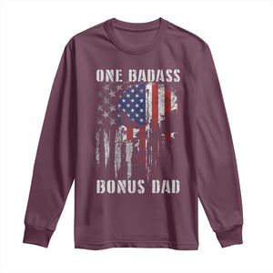 Funny One Badass Bonus Dad Long Sleeve Shirt Step Dad Fathers Day 4th Of July American Flag Skull TS11 Maroon Print Your Wear