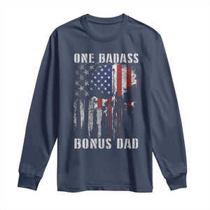 Funny One Badass Bonus Dad Long Sleeve Shirt Step Dad Fathers Day 4th Of July American Flag Skull TS11 Navy Print Your Wear