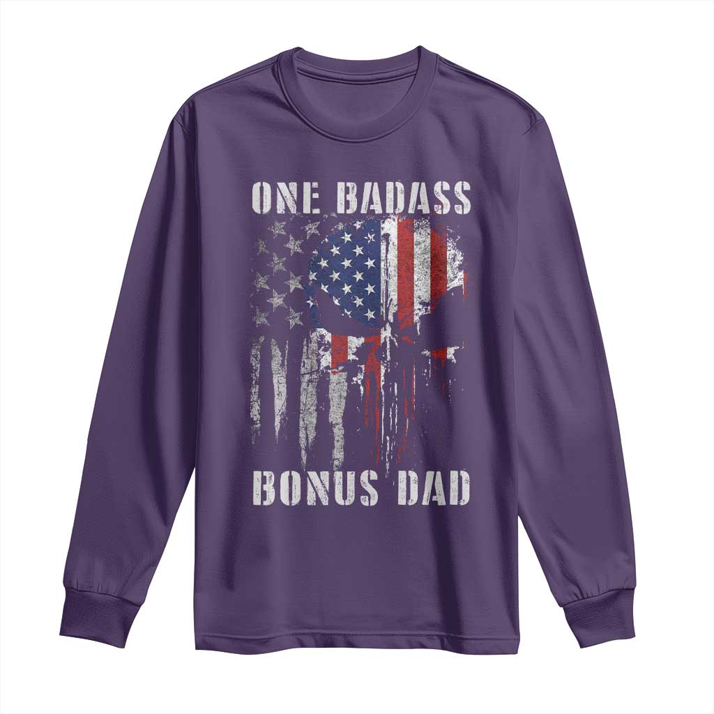 Funny One Badass Bonus Dad Long Sleeve Shirt Step Dad Fathers Day 4th Of July American Flag Skull TS11 Purple Print Your Wear