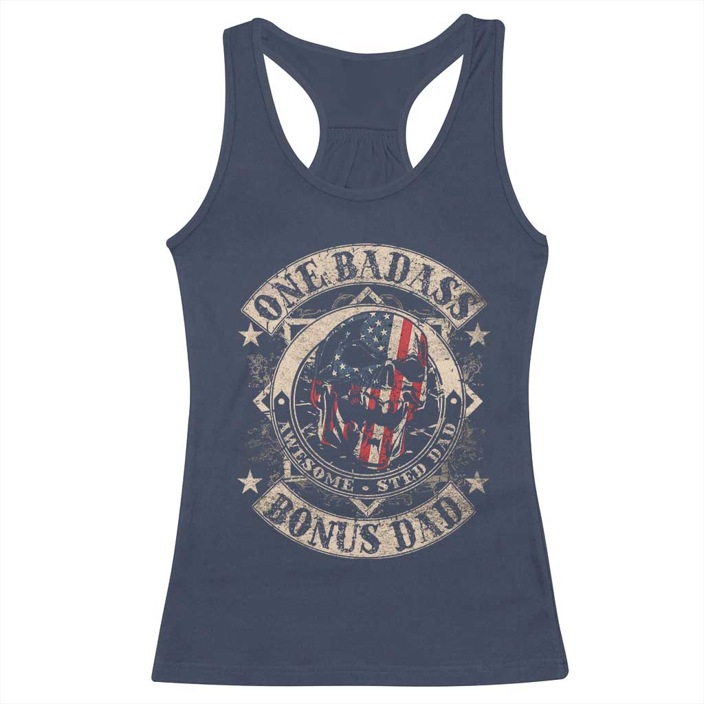 Funny One Badass Bonus Dad Racerback Tank Top Awesome Step Dad Fathers Day American Flag Skull TS11 Navy Print Your Wear