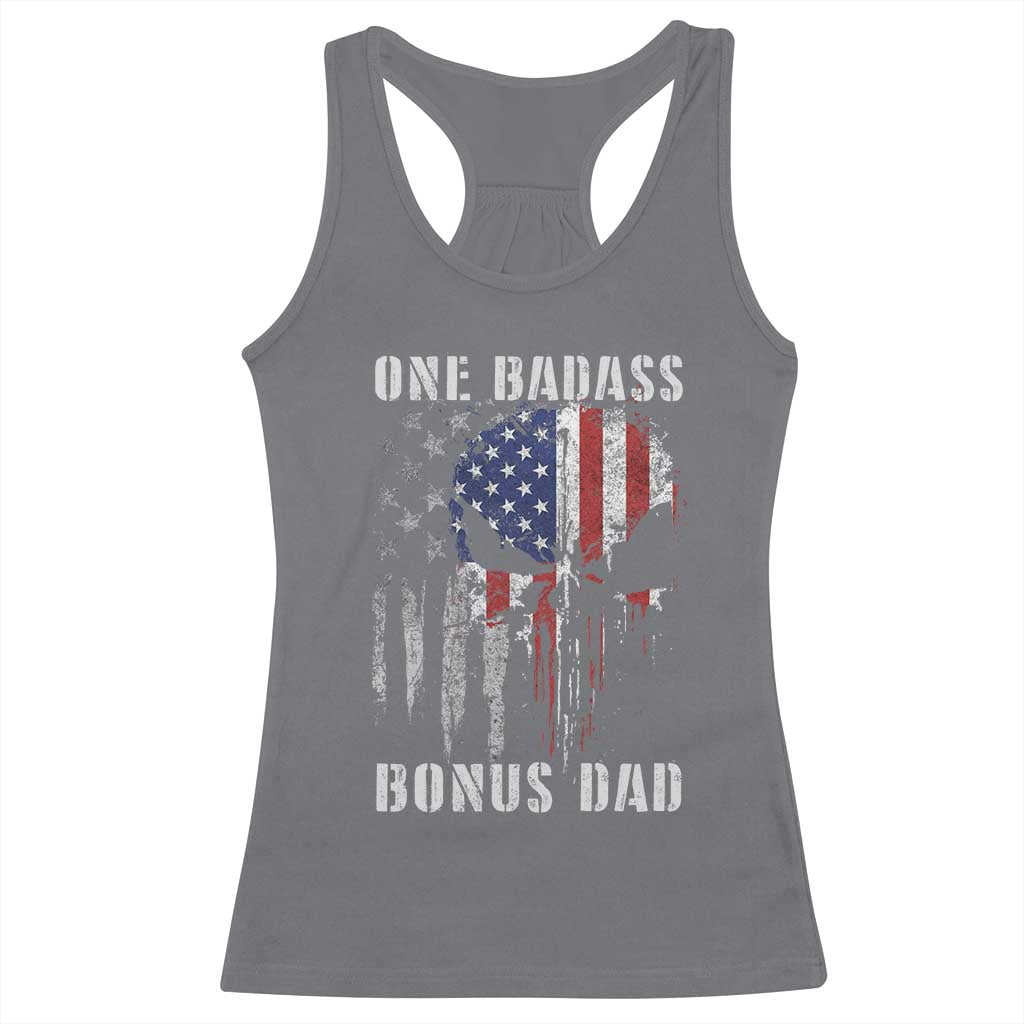 Funny One Badass Bonus Dad Racerback Tank Top Step Dad Fathers Day 4th Of July American Flag Skull TS11 Charcoal Print Your Wear