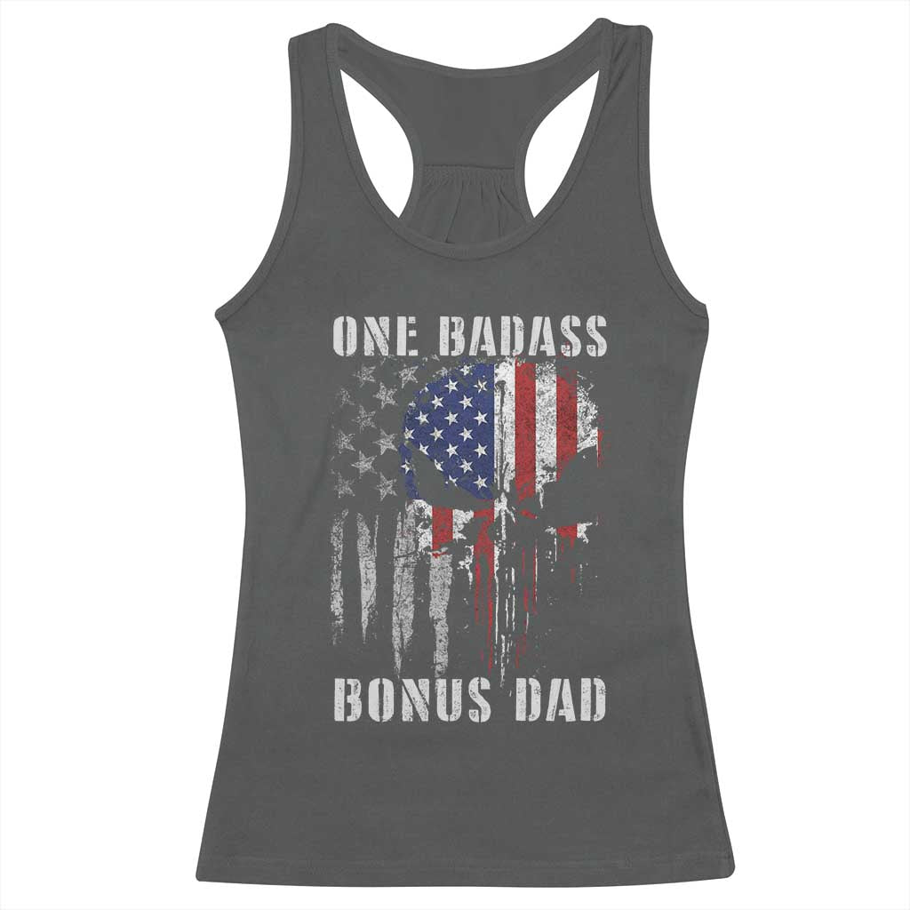 Funny One Badass Bonus Dad Racerback Tank Top Step Dad Fathers Day 4th Of July American Flag Skull TS11 Dark Heather Print Your Wear