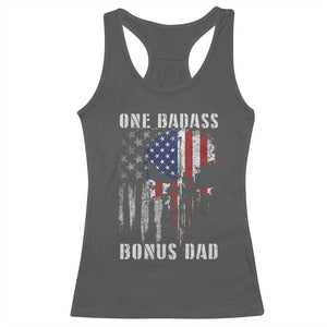 Funny One Badass Bonus Dad Racerback Tank Top Step Dad Fathers Day 4th Of July American Flag Skull TS11 Dark Heather Print Your Wear