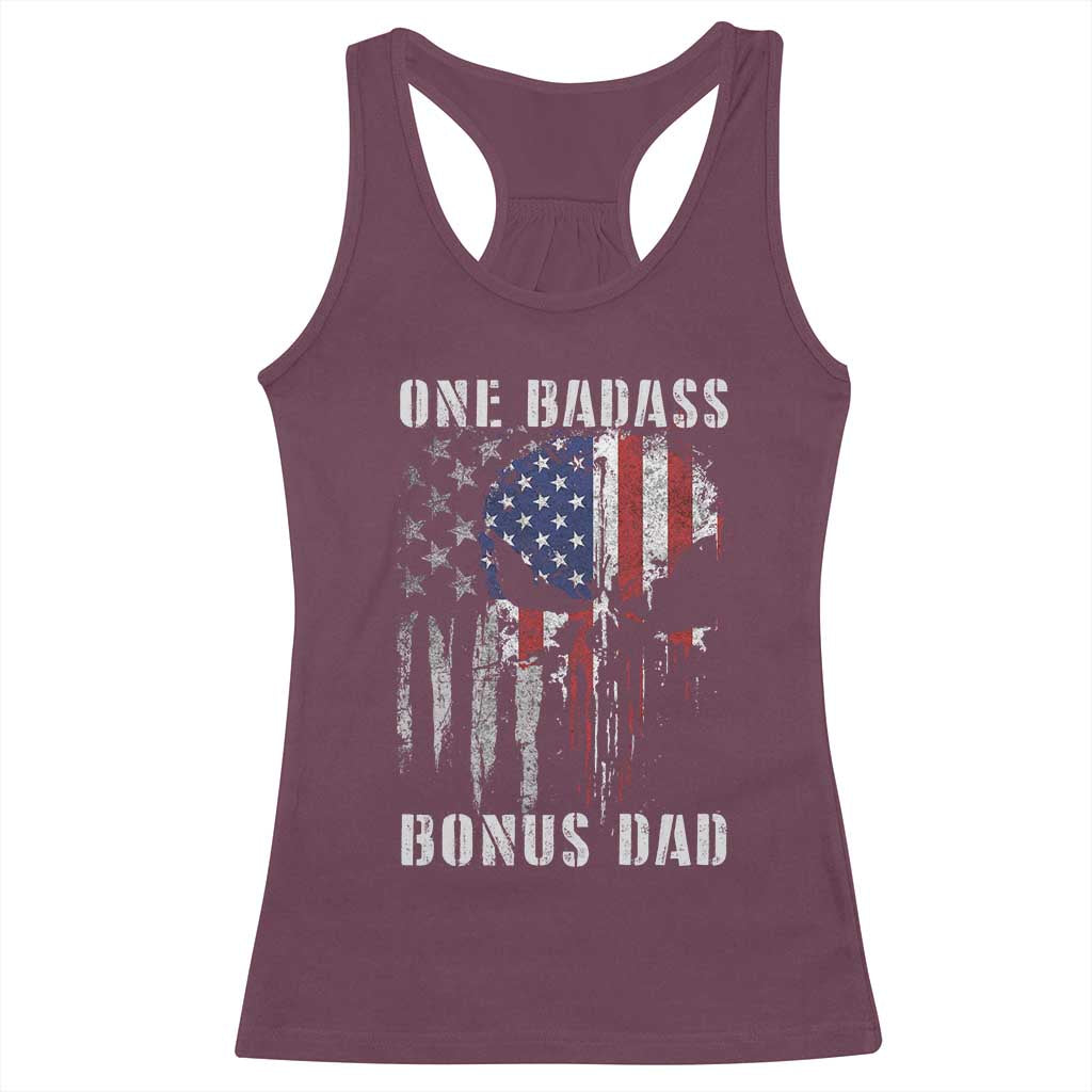 Funny One Badass Bonus Dad Racerback Tank Top Step Dad Fathers Day 4th Of July American Flag Skull TS11 Maroon Print Your Wear