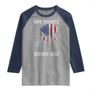 Funny One Badass Bonus Dad Raglan Shirt Step Dad Fathers Day 4th Of July American Flag Skull TS11 Sport Gray Navy Print Your Wear