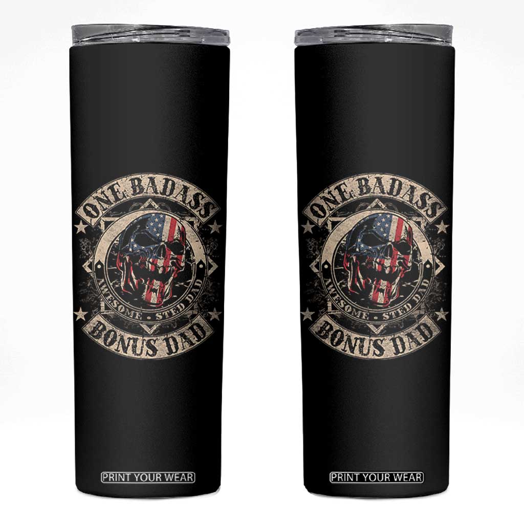 Funny One Badass Bonus Dad Skinny Tumbler Awesome Step Dad Fathers Day American Flag Skull TS11 Black Print Your Wear