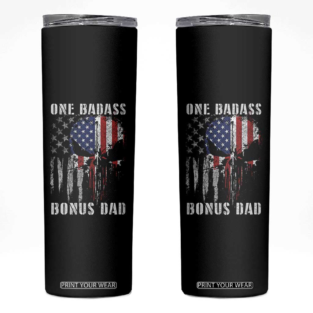Funny One Badass Bonus Dad Skinny Tumbler Step Dad Fathers Day 4th Of July American Flag Skull TS11 Black Print Your Wear