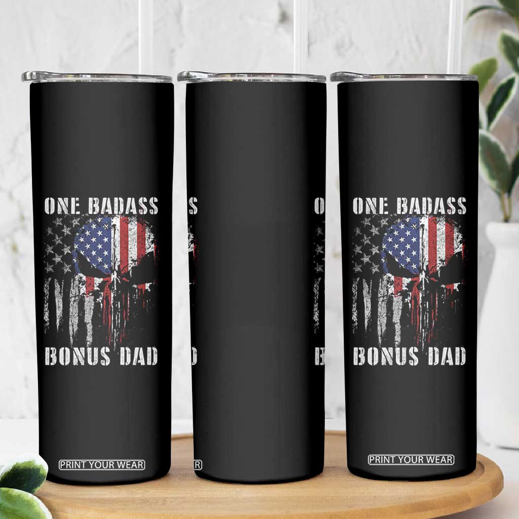 Funny One Badass Bonus Dad Skinny Tumbler Step Dad Fathers Day 4th Of July American Flag Skull TS11 Print Your Wear
