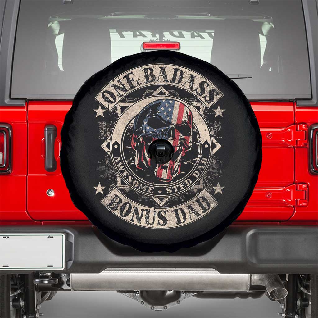 Funny One Badass Bonus Dad Spare Tire Cover Awesome Step Dad Fathers Day American Flag Skull TS11 Black Print Your Wear
