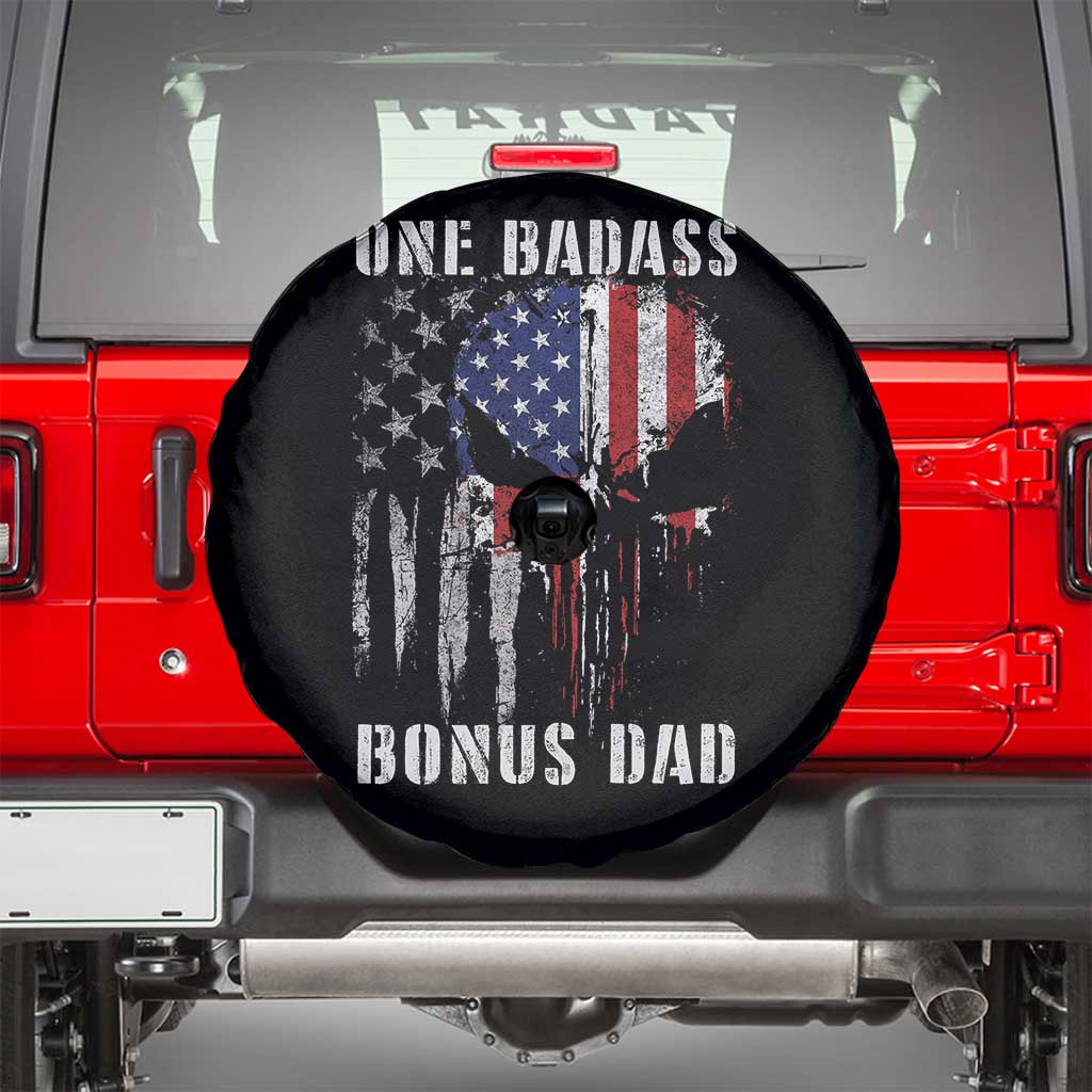 Funny One Badass Bonus Dad Spare Tire Cover Step Dad Fathers Day 4th Of July American Flag Skull TS11 Black Print Your Wear