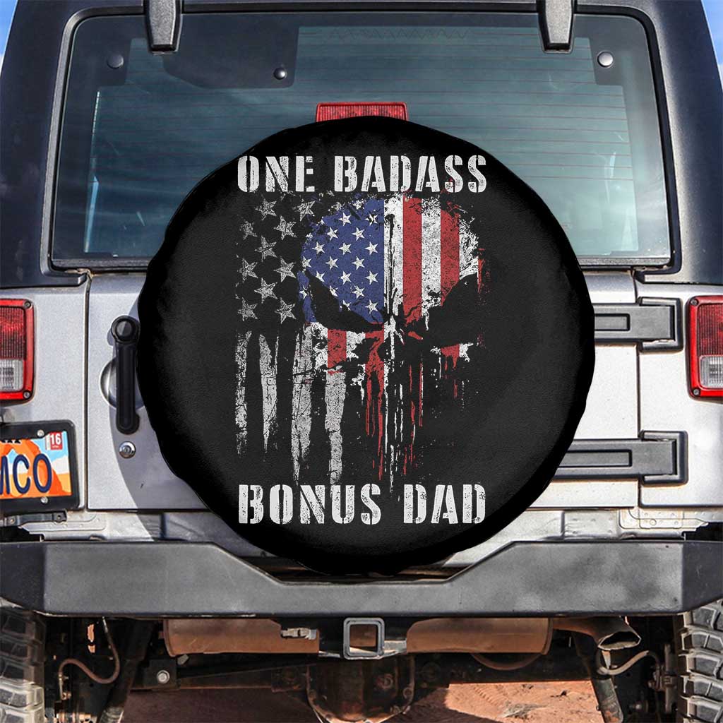 Funny One Badass Bonus Dad Spare Tire Cover Step Dad Fathers Day 4th Of July American Flag Skull TS11 No hole Black Print Your Wear