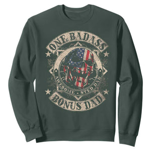 Funny One Badass Bonus Dad Sweatshirt Awesome Step Dad Fathers Day American Flag Skull TS11 Dark Forest Green Print Your Wear