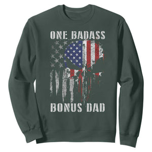 Funny One Badass Bonus Dad Sweatshirt Step Dad Fathers Day 4th Of July American Flag Skull TS11 Dark Forest Green Print Your Wear