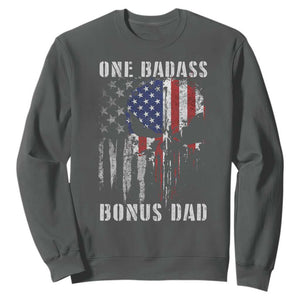 Funny One Badass Bonus Dad Sweatshirt Step Dad Fathers Day 4th Of July American Flag Skull TS11 Dark Heather Print Your Wear