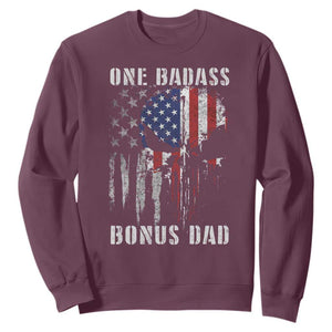 Funny One Badass Bonus Dad Sweatshirt Step Dad Fathers Day 4th Of July American Flag Skull TS11 Maroon Print Your Wear