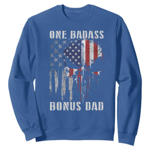 Funny One Badass Bonus Dad Sweatshirt Step Dad Fathers Day 4th Of July American Flag Skull TS11 Royal Blue Print Your Wear