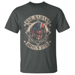 Funny One Badass Bonus Dad T Shirt Awesome Step Dad Fathers Day American Flag Skull TS11 Dark Heather Print Your Wear