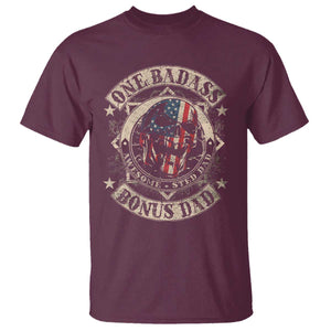 Funny One Badass Bonus Dad T Shirt Awesome Step Dad Fathers Day American Flag Skull TS11 Maroon Print Your Wear