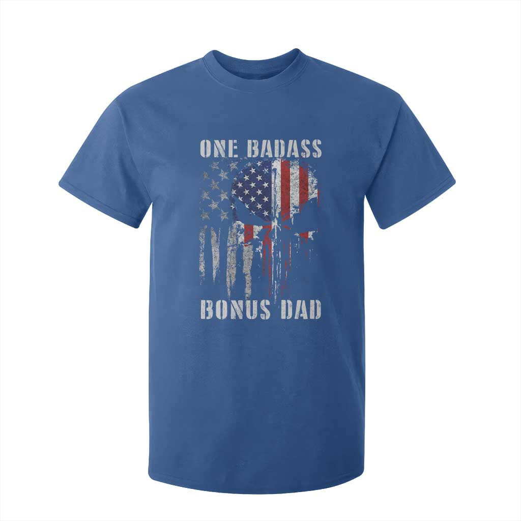 Funny One Badass Bonus Dad T Shirt For Kid Step Dad Fathers Day 4th Of July American Flag Skull TS11 Royal Blue Print Your Wear