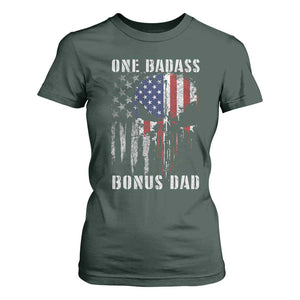 Funny One Badass Bonus Dad T Shirt For Women Step Dad Fathers Day 4th Of July American Flag Skull TS11 Dark Forest Green Print Your Wear