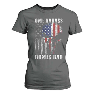 Funny One Badass Bonus Dad T Shirt For Women Step Dad Fathers Day 4th Of July American Flag Skull TS11 Dark Heather Print Your Wear