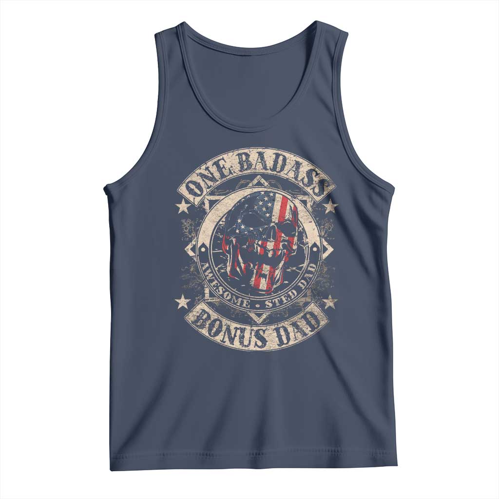 Funny One Badass Bonus Dad Tank Top Awesome Step Dad Fathers Day American Flag Skull TS11 Navy Print Your Wear