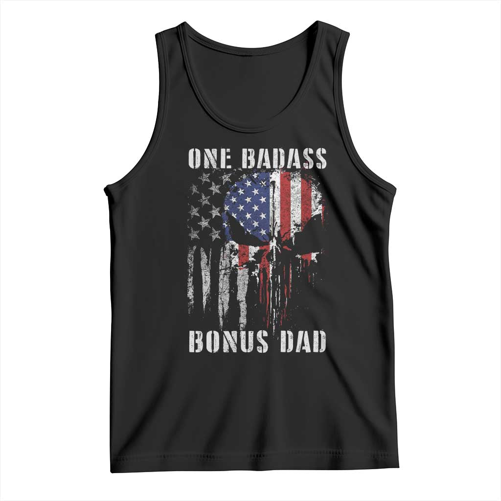Funny One Badass Bonus Dad Tank Top Step Dad Fathers Day 4th Of July American Flag Skull TS11 Black Print Your Wear