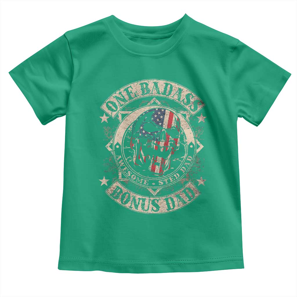 Funny One Badass Bonus Dad Toddler T Shirt Awesome Step Dad Fathers Day American Flag Skull TS11 Irish Green Print Your Wear