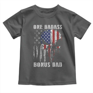 Funny One Badass Bonus Dad Toddler T Shirt Step Dad Fathers Day 4th Of July American Flag Skull TS11 Dark Heather Print Your Wear