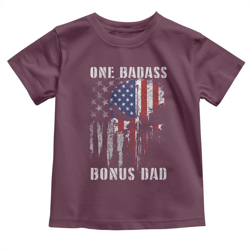Funny One Badass Bonus Dad Toddler T Shirt Step Dad Fathers Day 4th Of July American Flag Skull TS11 Maroon Print Your Wear