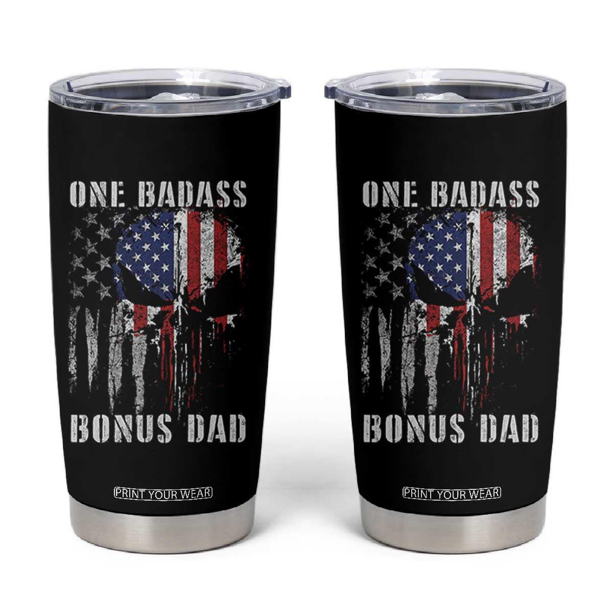 Funny One Badass Bonus Dad Tumbler Cup Step Dad Fathers Day 4th Of July American Flag Skull TS11 Black Print Your Wear